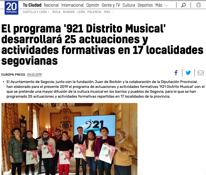 20 minutos: El programa ‘921 Distrito Musical’ desarrollará 25 actuaciones y actividades formativas en 17 localidades segovianas