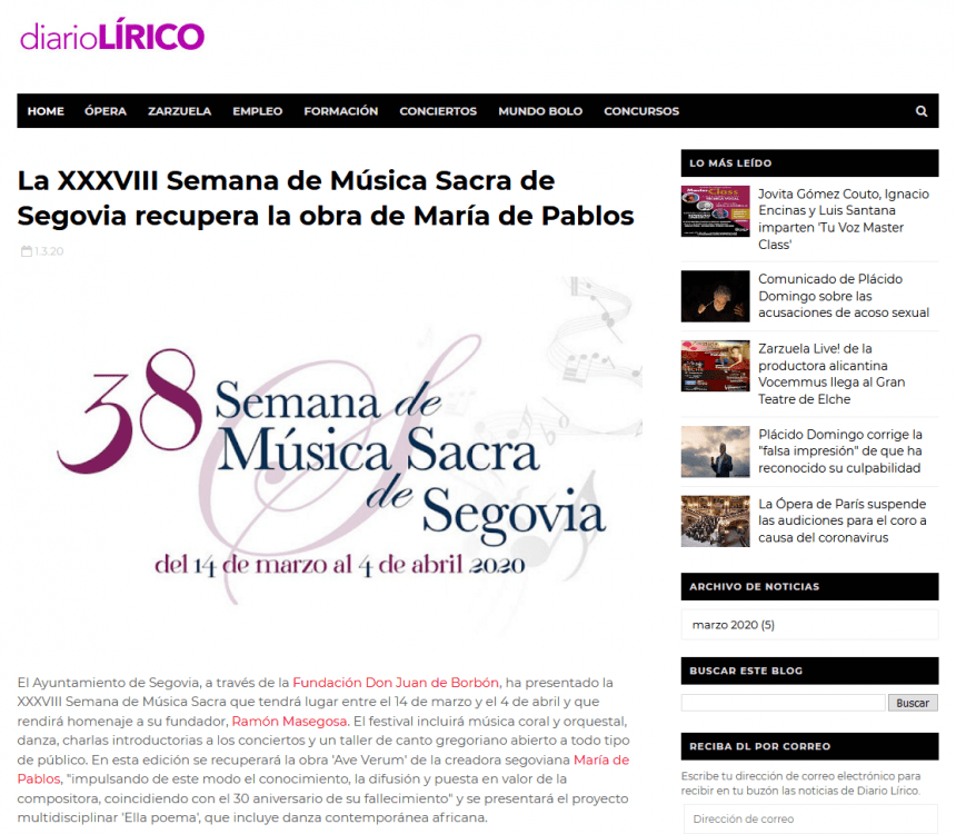 La XXXVIII Semana de Música Sacra de Segovia recupera la obra de María de Pablos