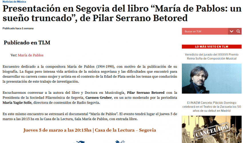 Presentación en Segovia del libro “María de Pablos: un sueño truncado”, de Pilar Serrano Betored
