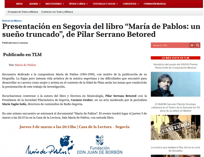 Presentación en Segovia del libro “María de Pablos: un sueño truncado”, de Pilar Serrano Betored