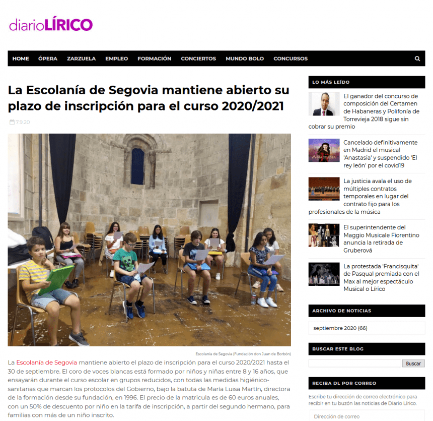 La Escolanía de Segovia mantiene abierto su plazo de inscripción para el curso 2020/2021